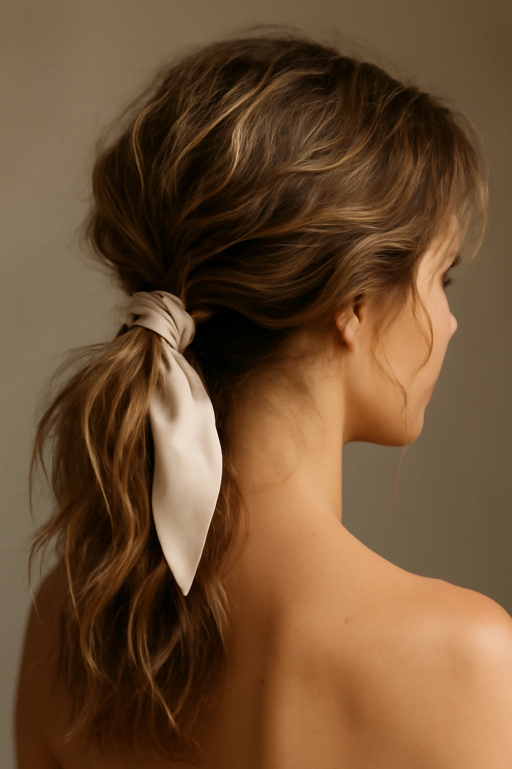 25 Wedding Hairstyles From Pixie Cuts to Long Waves 22 Close-up of tousled waves with a silk tie in a low ponytail