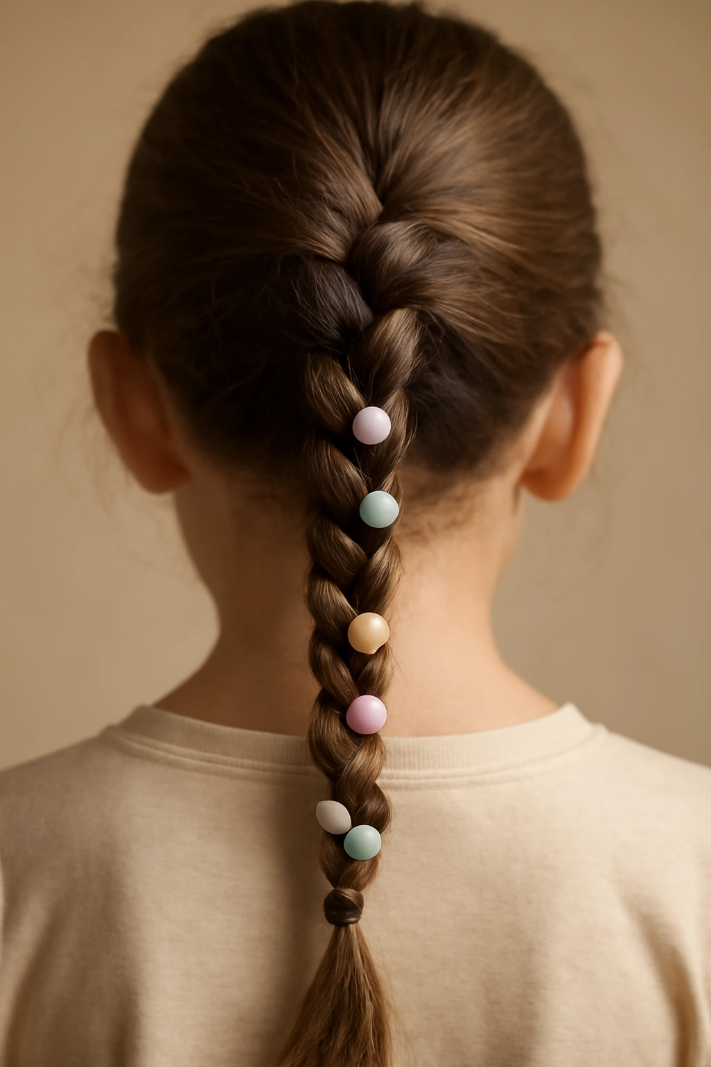 10 Pretty Beaded Braid Styles for Little Girls 1 Close-up of a single three-strand braid with scattered beads down the back of a child's head.