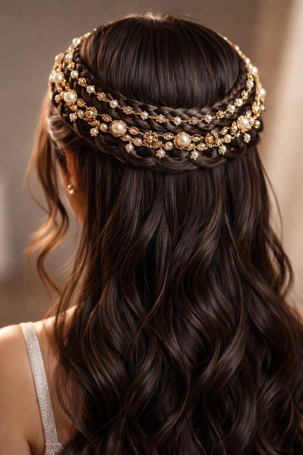 Beaded braid crown encircling the head with beads