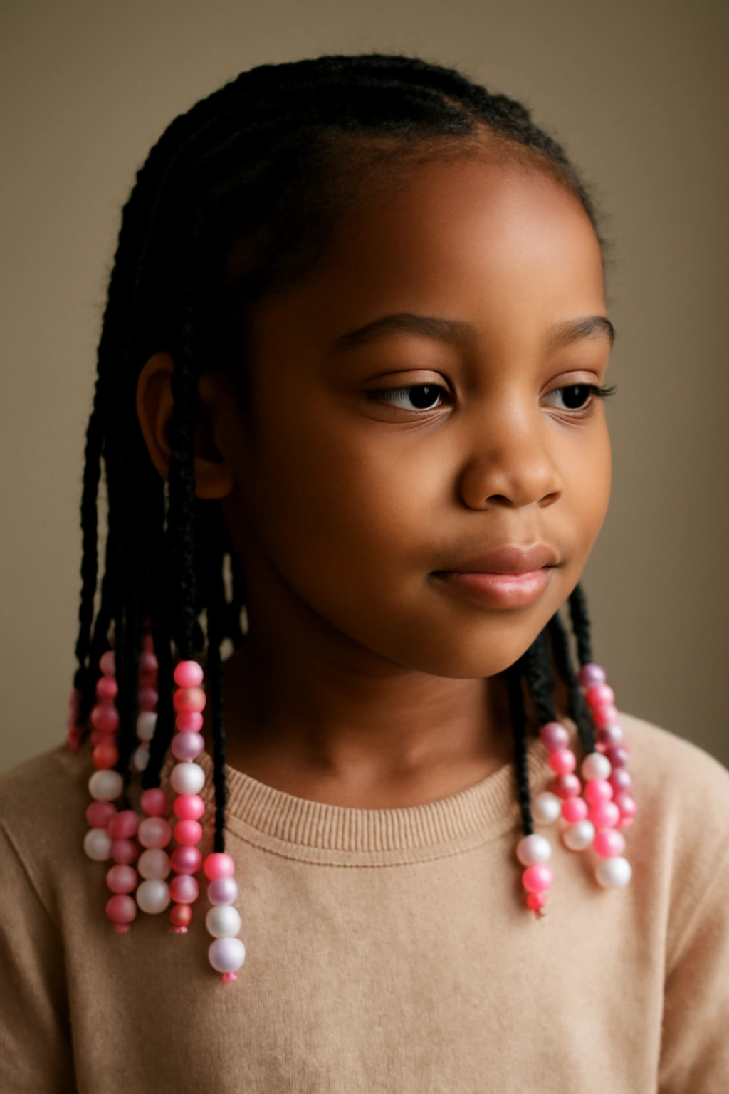 10 Pretty Beaded Braid Styles for Little Girls 11 Serene girl with beaded braids, calm mood and soft lighting.