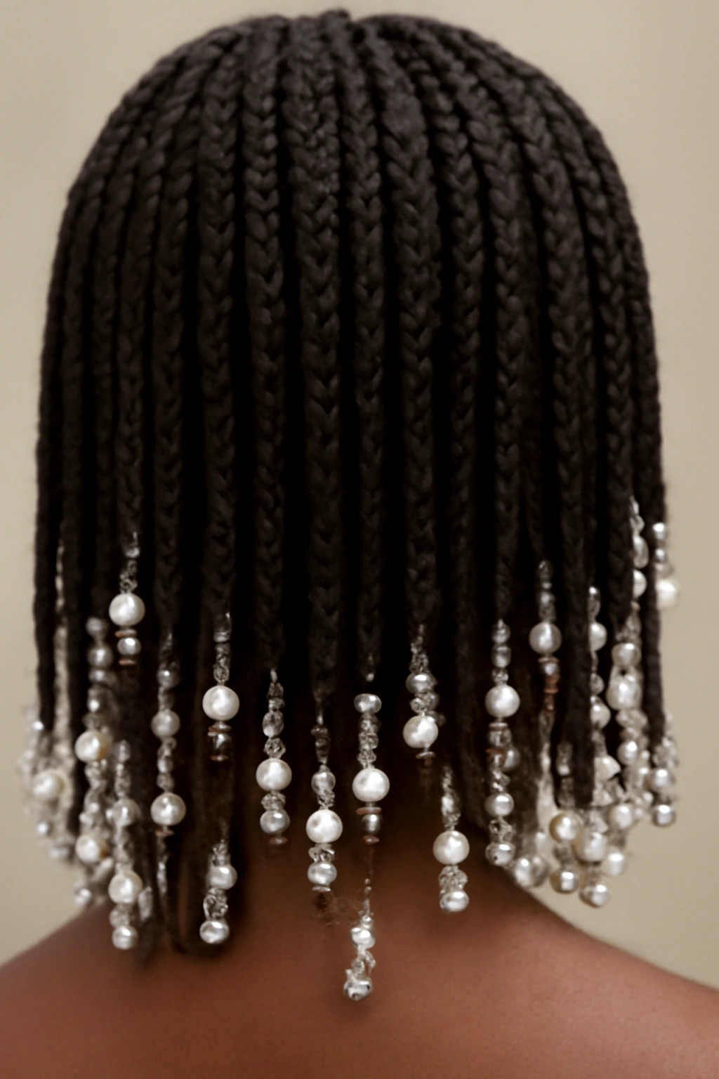 Medium-length braids with pearl and crystal beads.