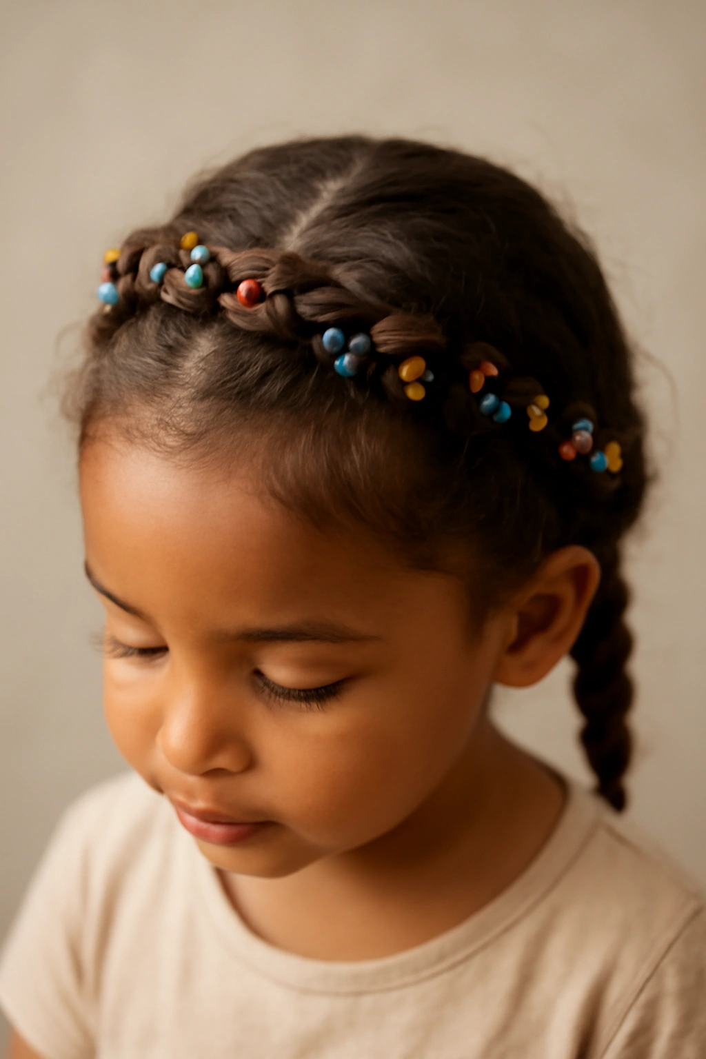 12 Cute Beaded Hairstyles Your Toddler Will Love 8 Toddler wearing a beaded crown braid encircling the head.