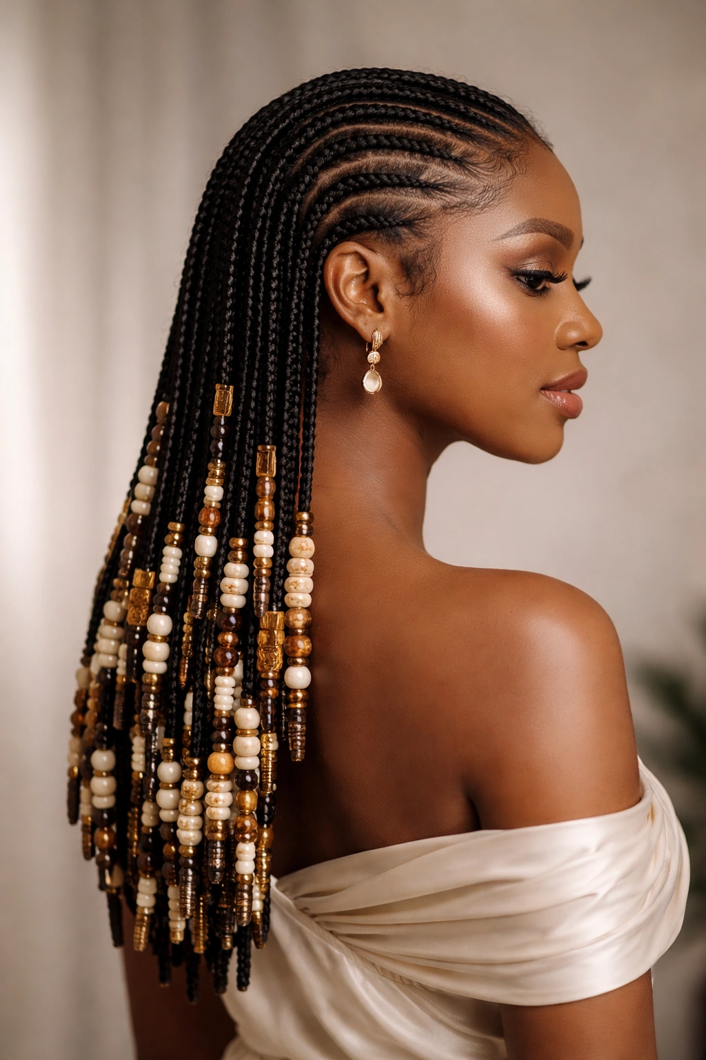 Side profile of an elegant beaded hairstyle with final flourish