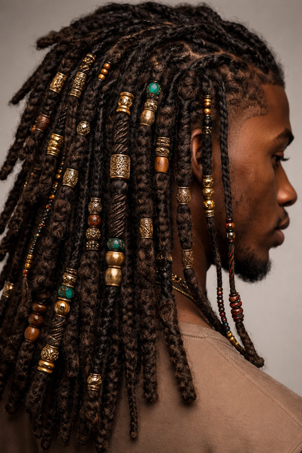 Close-up of beaded and decorated locs with beads and cuffs