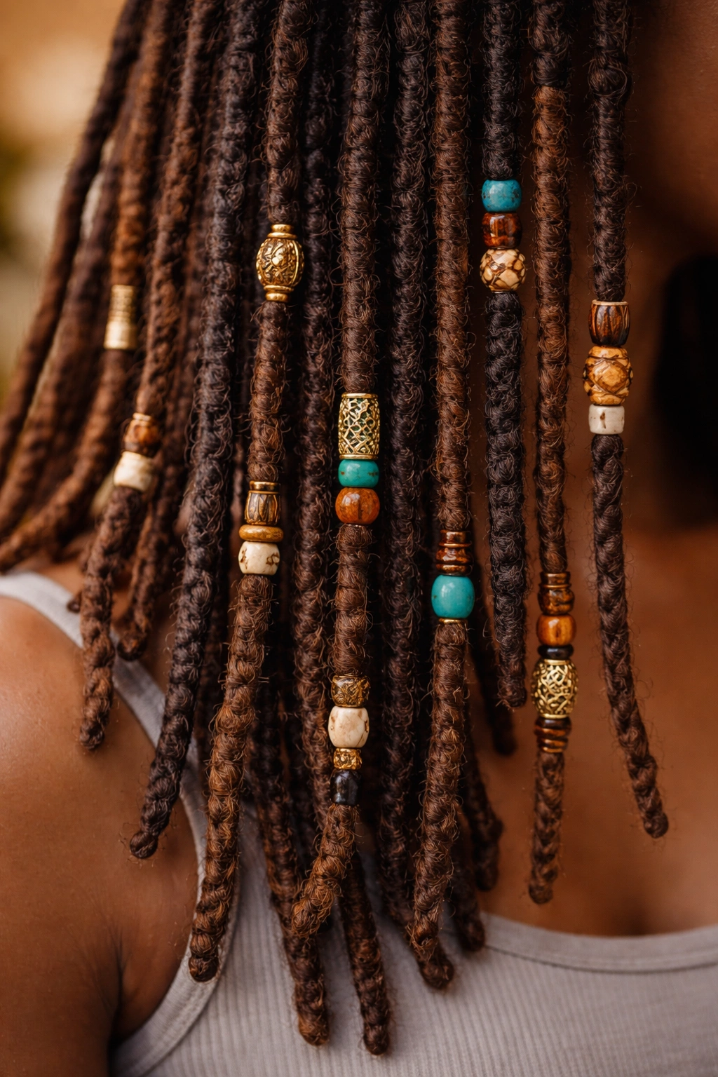 Medium-length locs adorned with beads along strands.