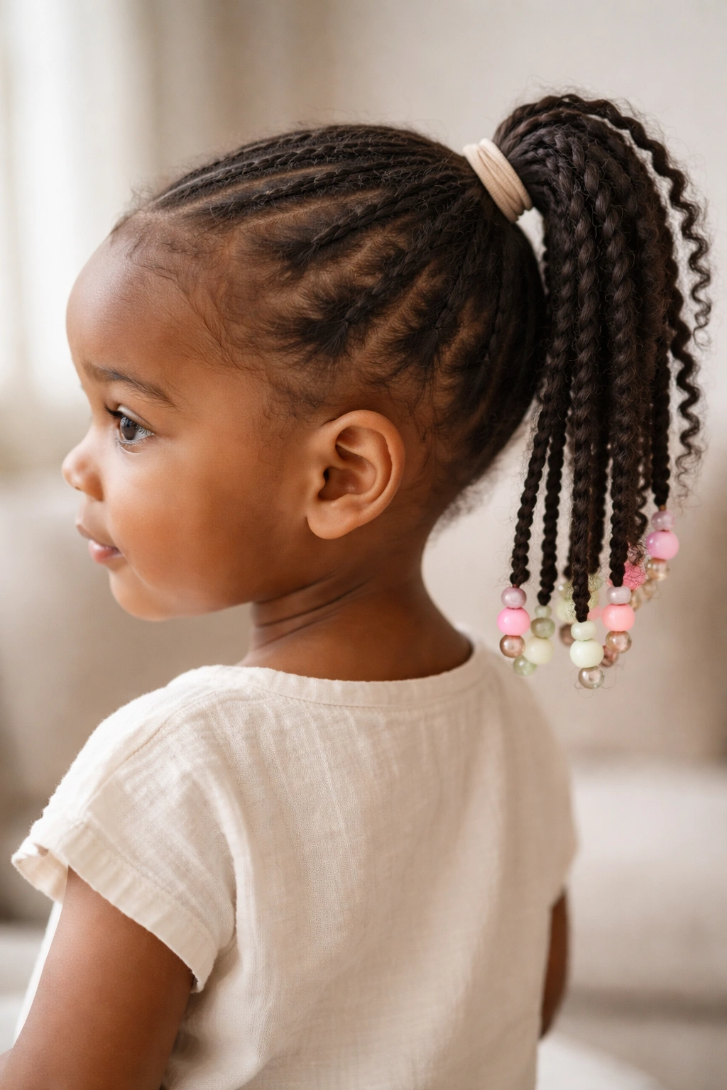 Close-up of toddler's beaded ponytail with multiple mini braids