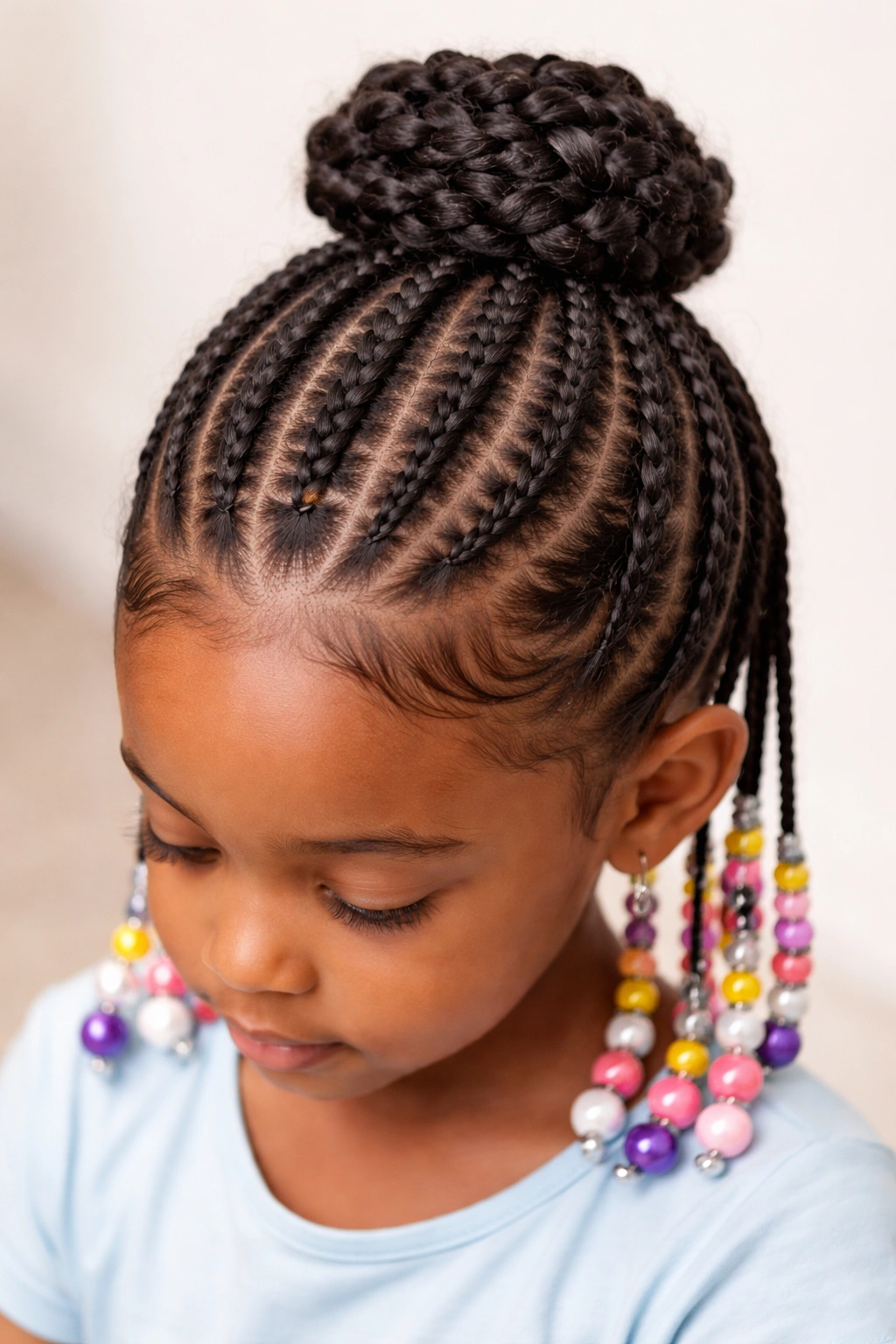 Simple updo cornrows with beads on a child's head, crown bun and colorful beads