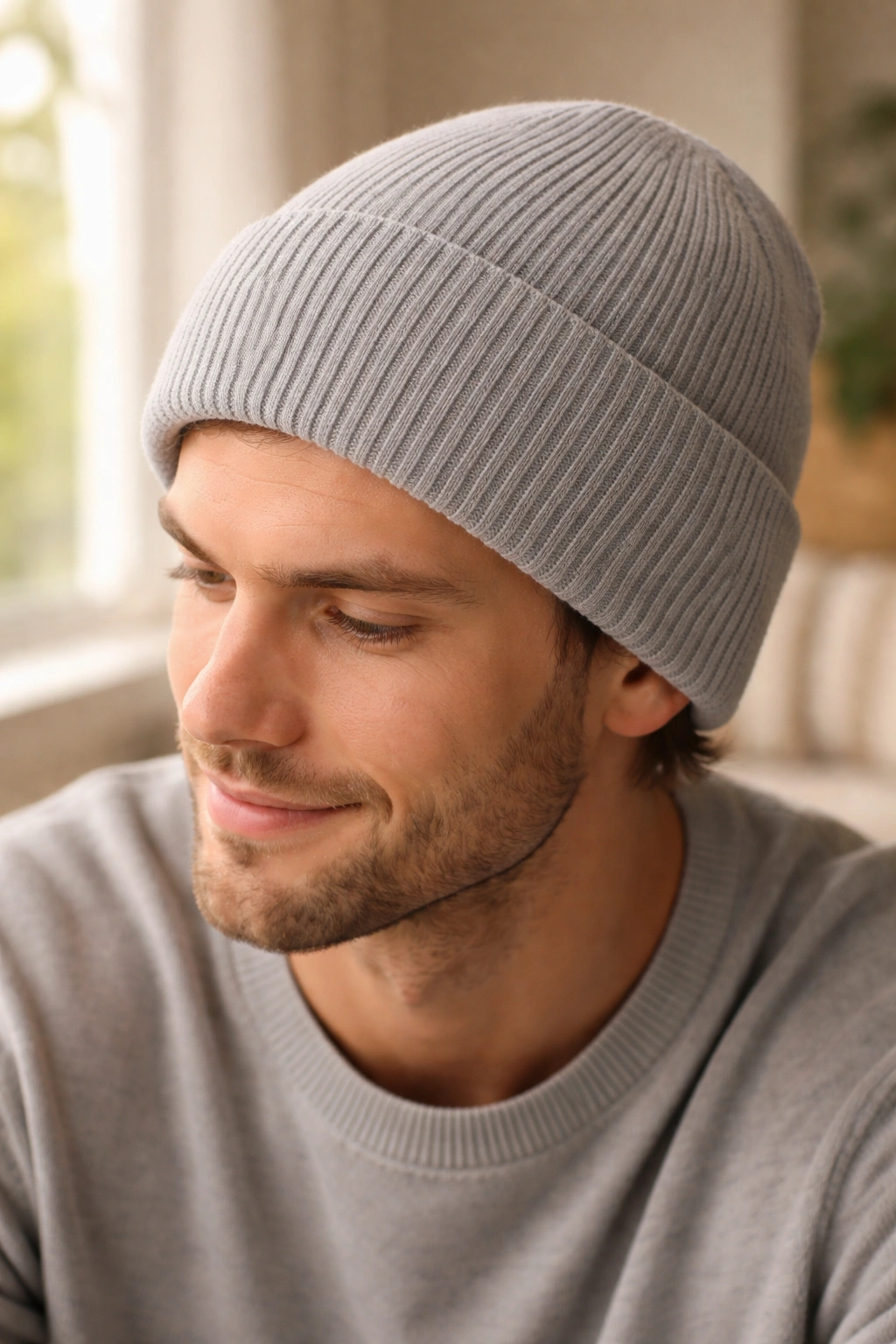 Close-up of a comfortable, well-fitted ribbed beanie on a head with no indentation
