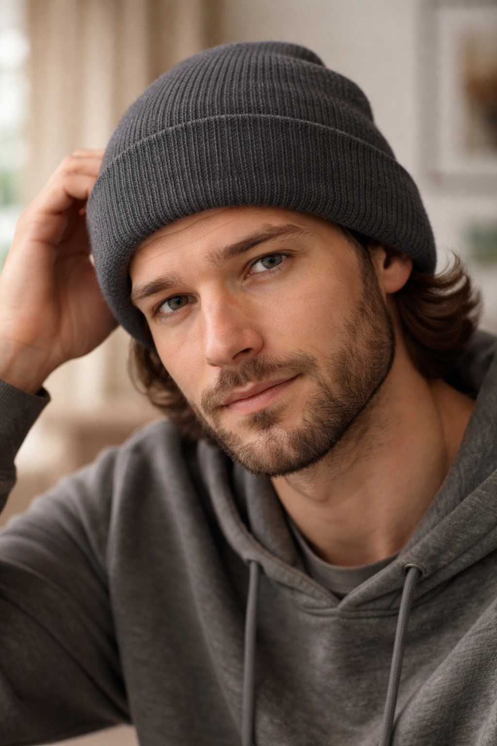 Head wearing a relaxed beanie with hair neatly framed at the edges