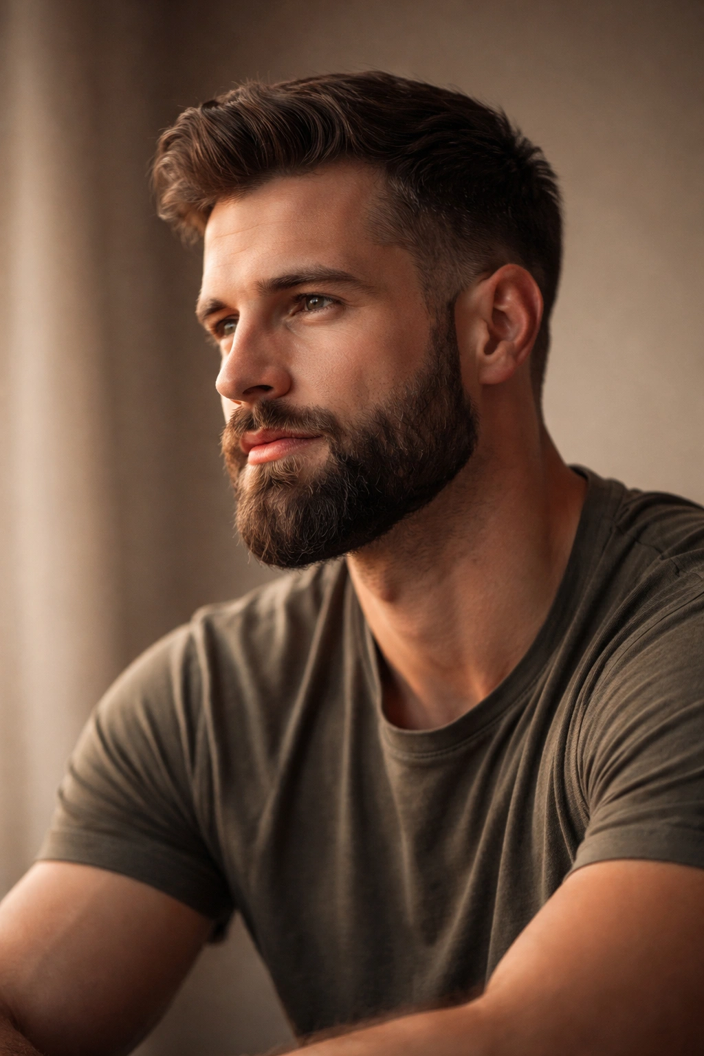 Contemplative man with beard in a calm portrait against a neutral backdrop