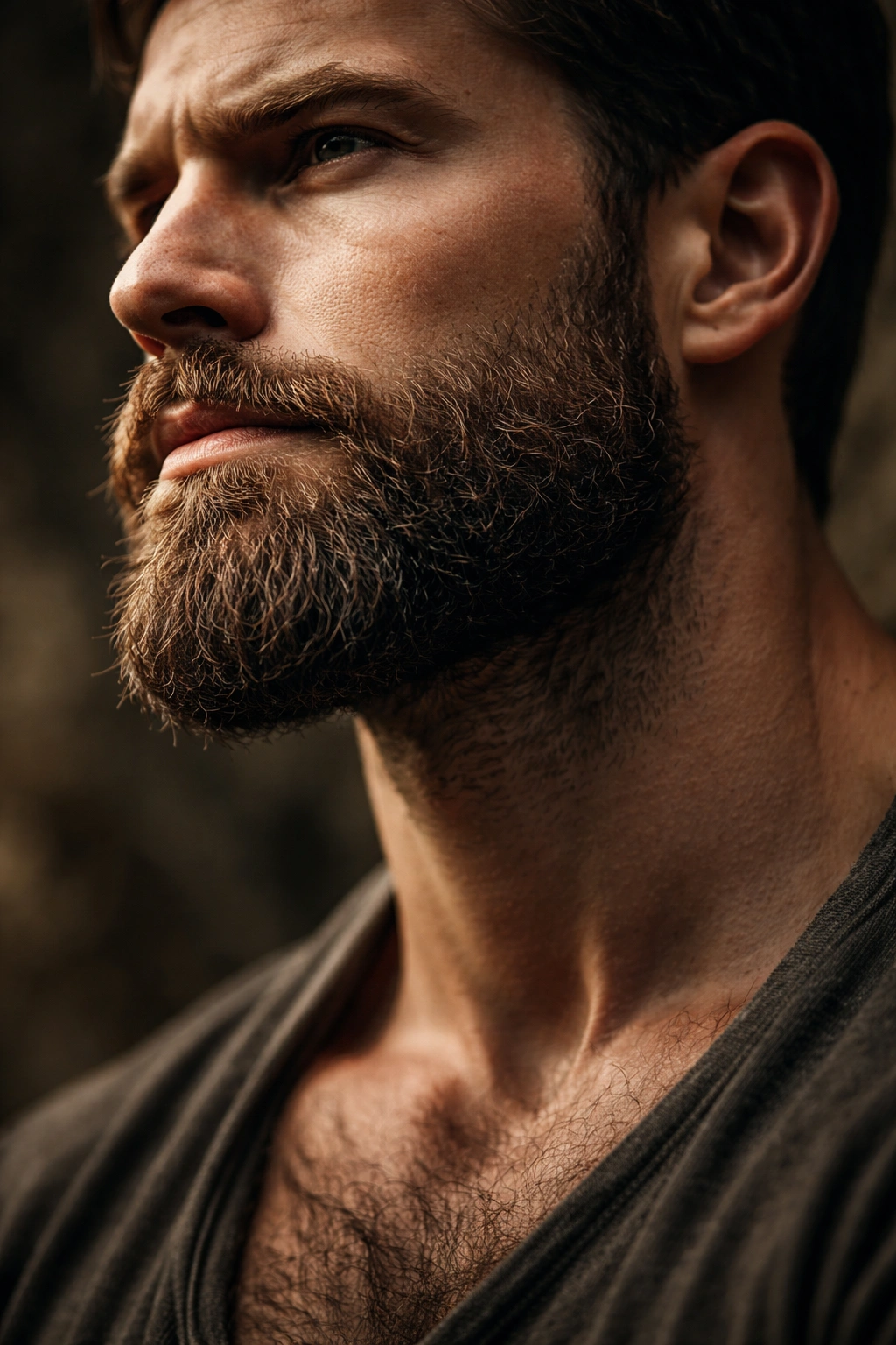 Bearded jawline in dramatic lighting highlighting beard density