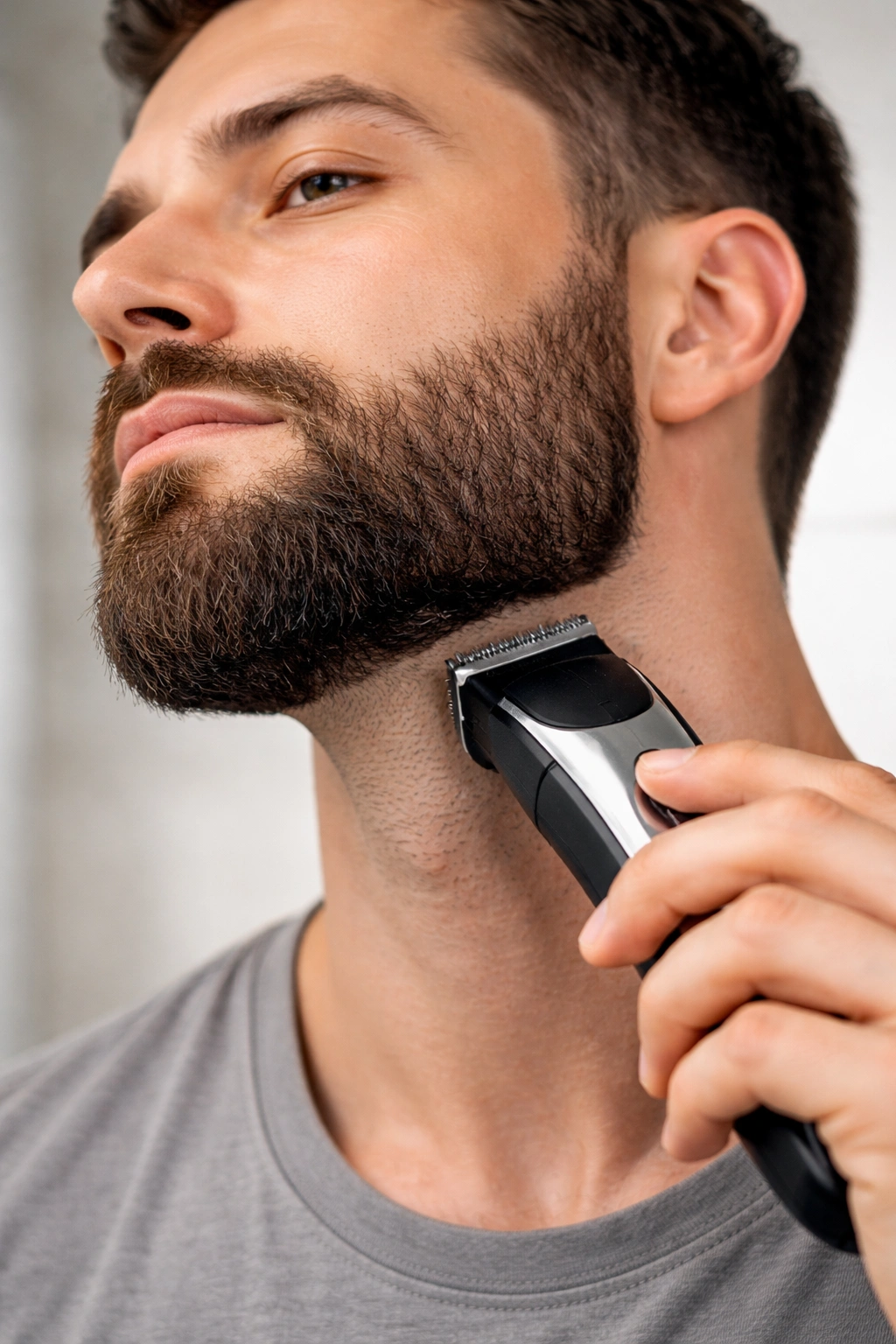Person trimming beard along jawline with precise trimmer