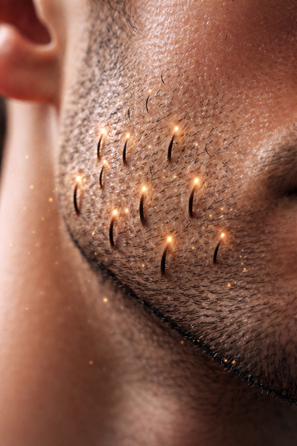 Skin close-up showing beard follicles with a subtle glow to imply growth stimulation
