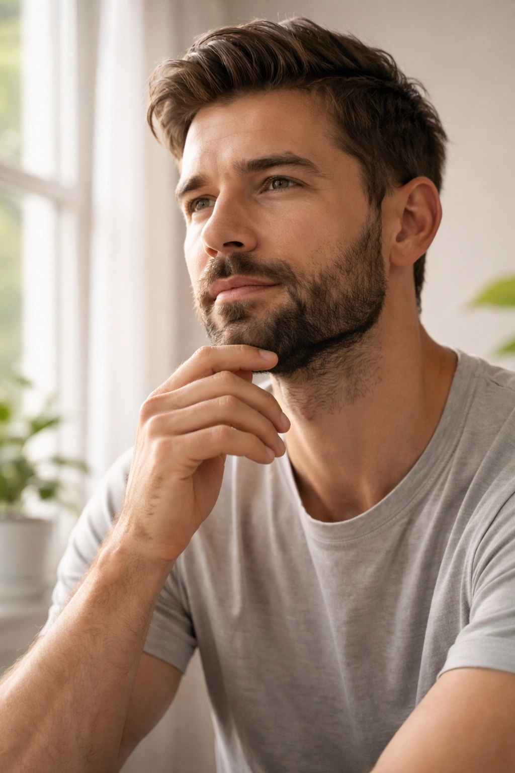 Thoughtful bearded man portrait in a minimal setting