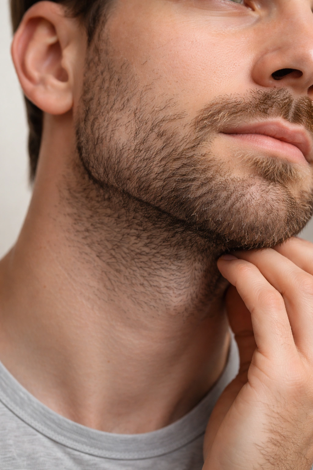 Close-up of a beard with patchy cheeks and a fuller chin highlighting uneven growth