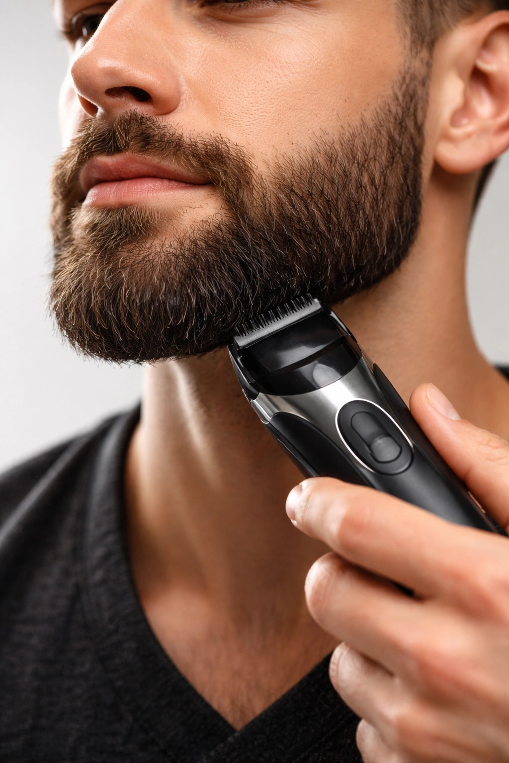Close-up of thick beard with a trimmer in a neutral studio setting