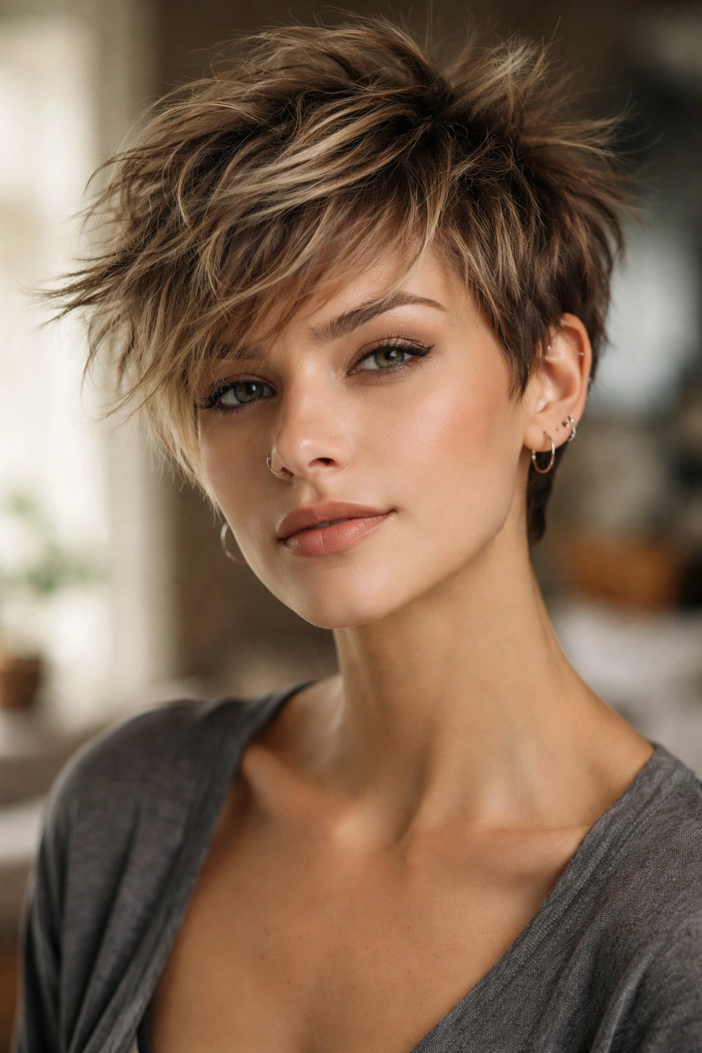 10 Edgy Pixie Cuts For Women Who Want Bold Hair 3 Model with tousled bedhead pixie showing loose texture and movement.