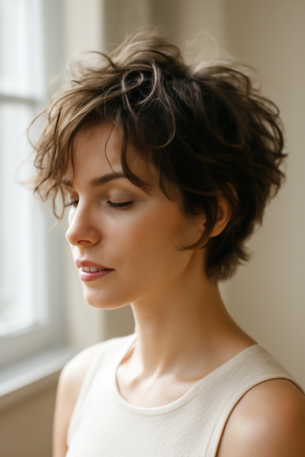 15 Wedding Hairstyles That Suit Short-Haired Brides 3 Close-up of tousled bedhead short hairstyle with soft waves