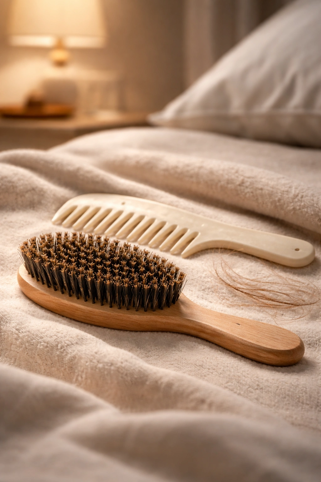 Close-up of boar bristle brush and wide-tooth comb on soft fabric