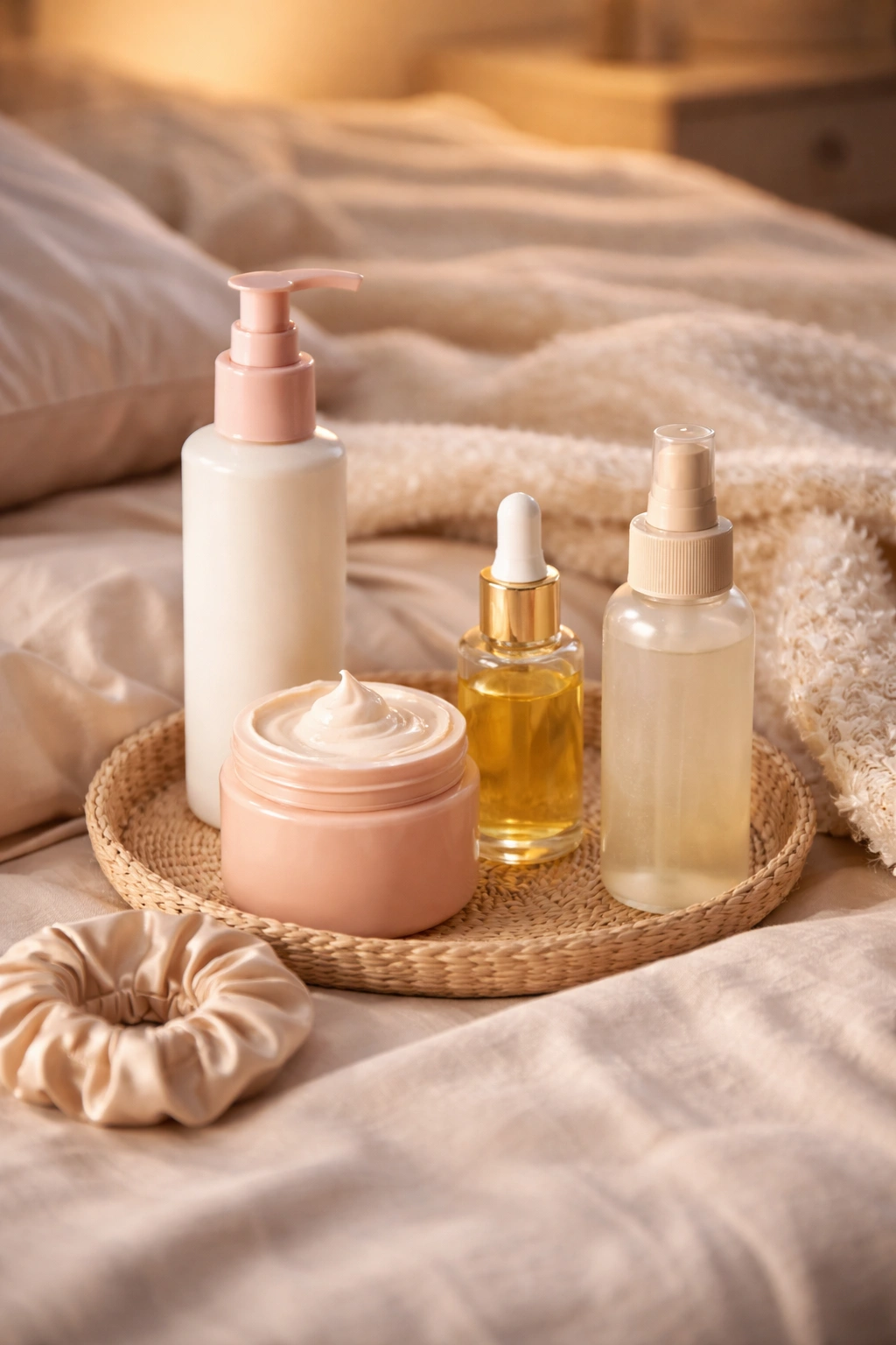 Close-up of assorted lightweight hair care bottles arranged for bedtime routine