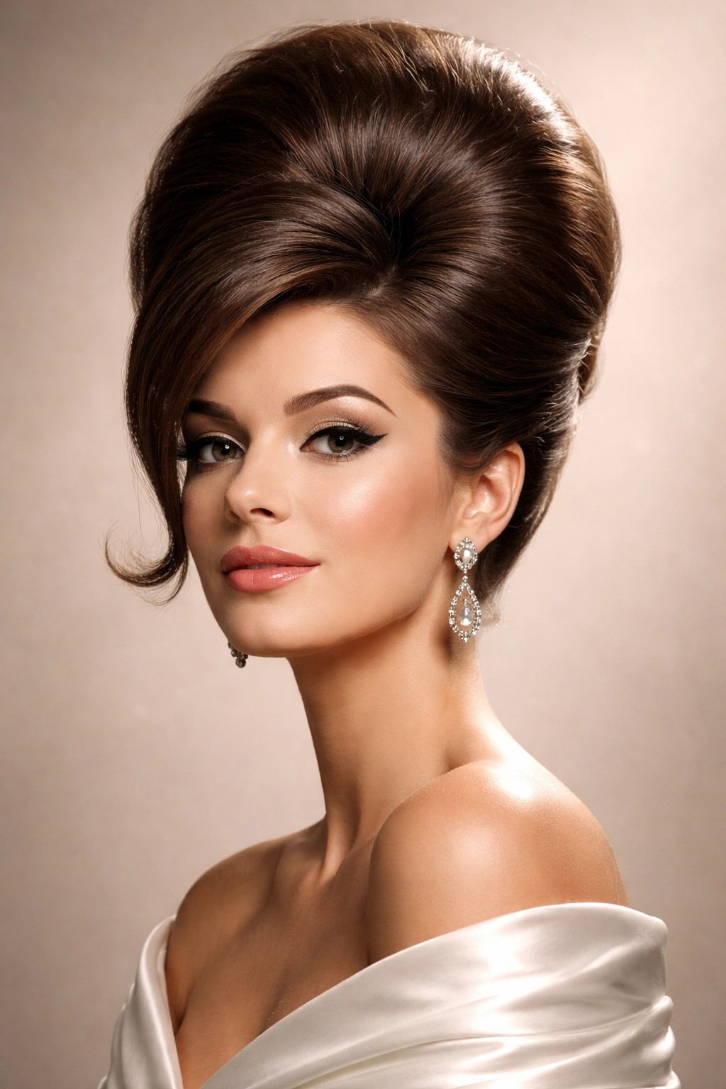 Close-up of a dramatic beehive hairstyle with high crown lift