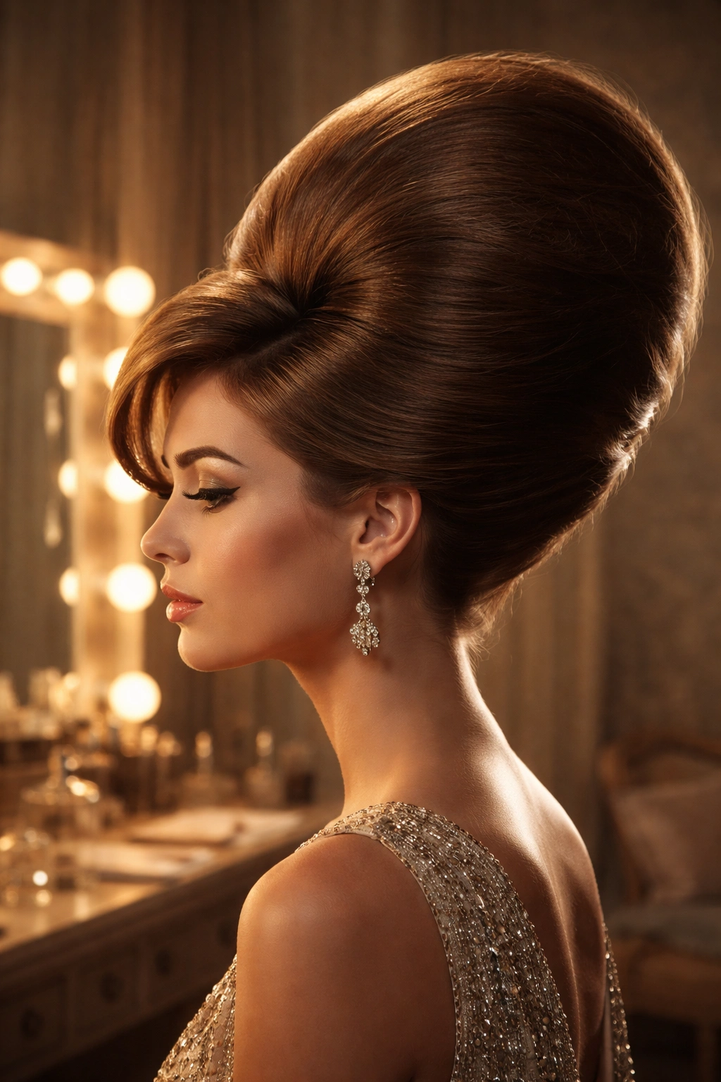 Profile view of a beehive hairstyle nicknamed B-52 with a pronounced front bump