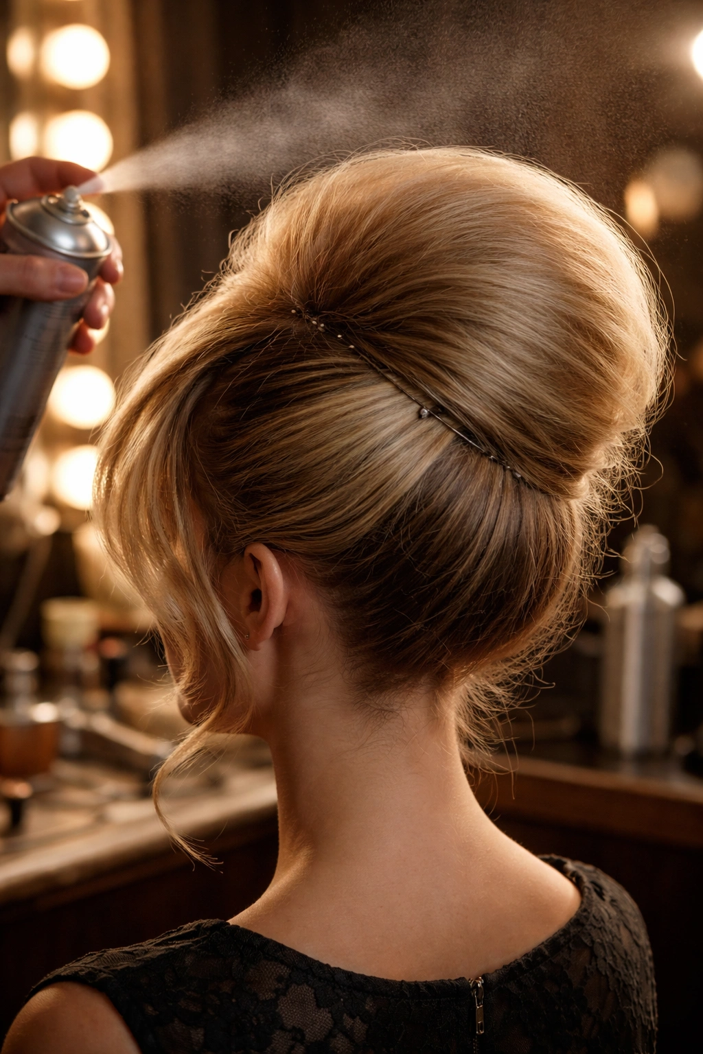Close-up of a beehive hairstyle being formed with backcombing and hairspray for volume