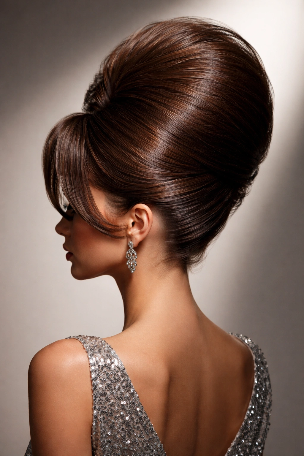 Beehive hairstyle on a model with dramatic height in a neutral studio