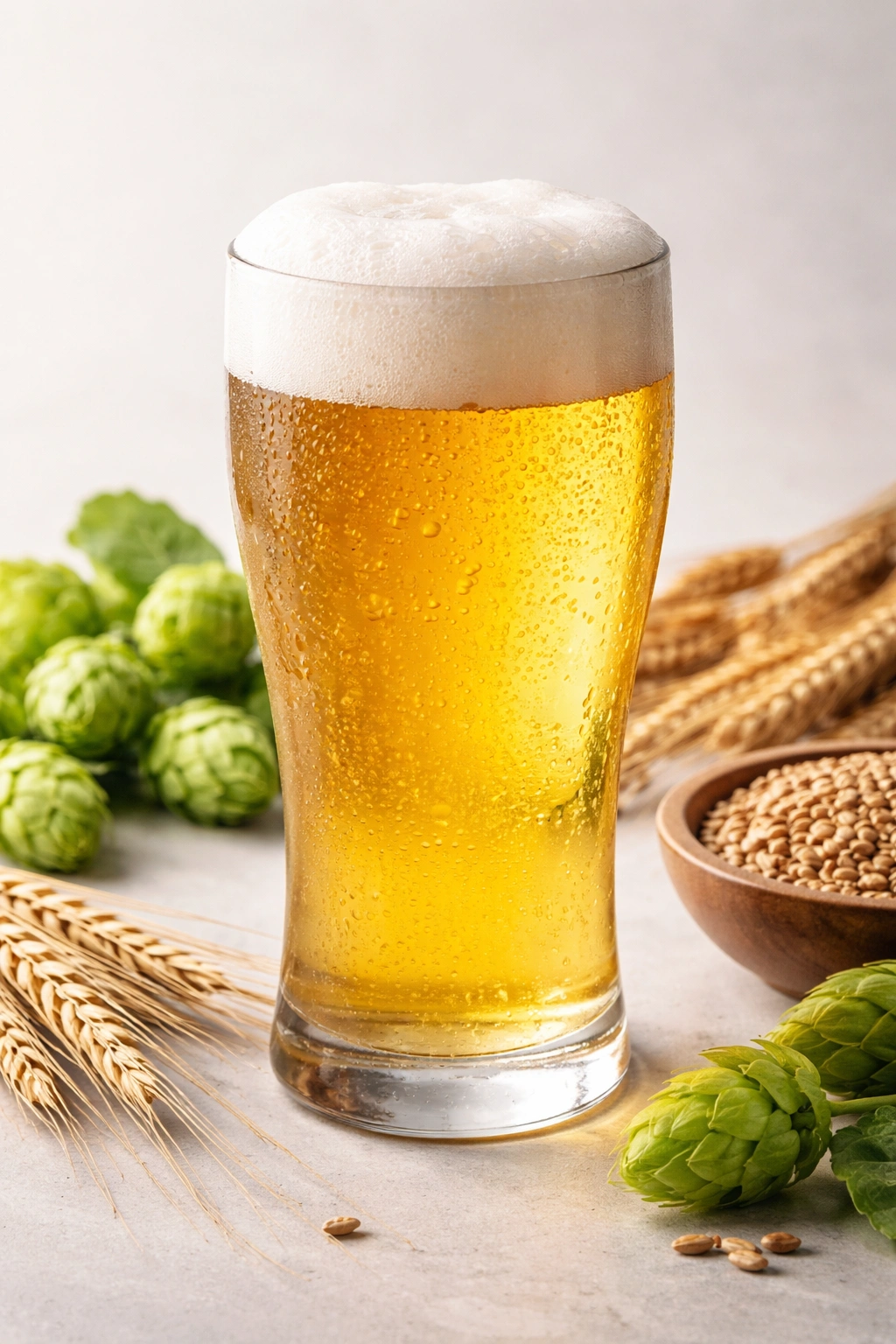 Close-up of pale golden beer with light head on neutral background