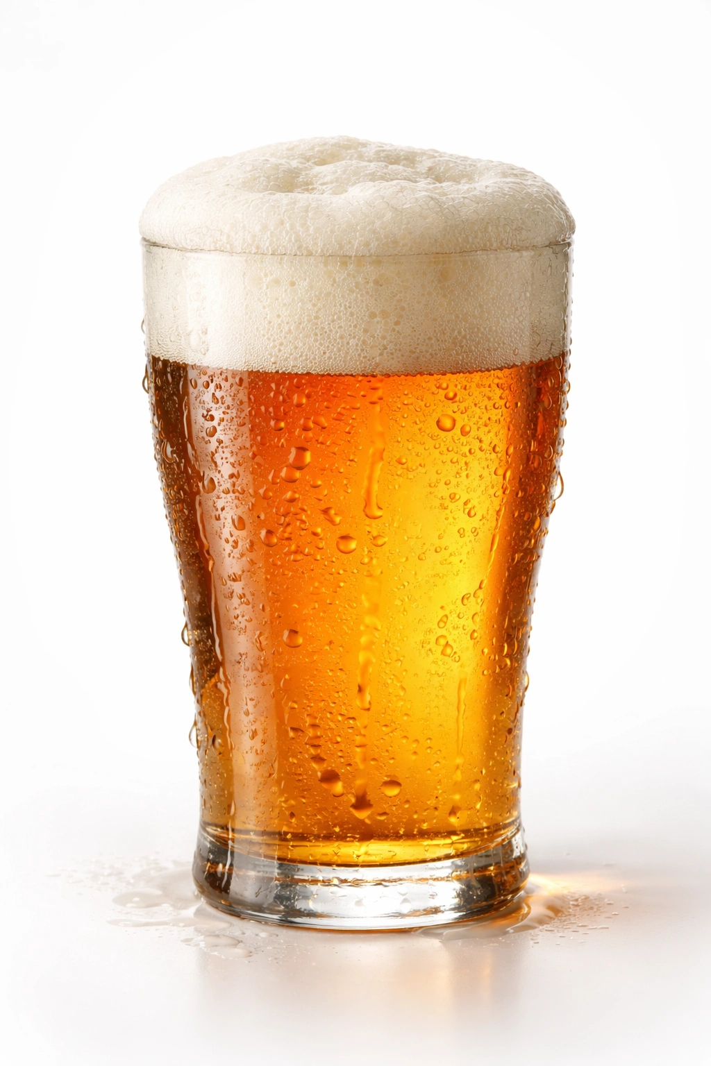 Close-up of a frothy amber beer in a glass on a white background