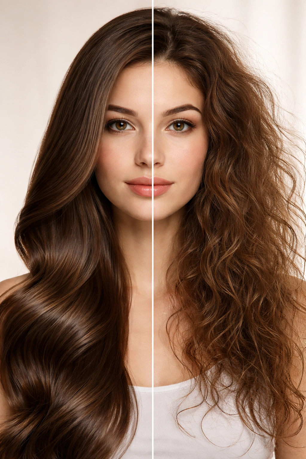 Split-view of hair showing shiny vs dull results