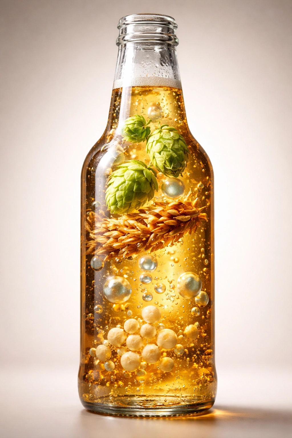 Close-up cross-section of a beer bottle showing water, barley, hops, and yeast inside