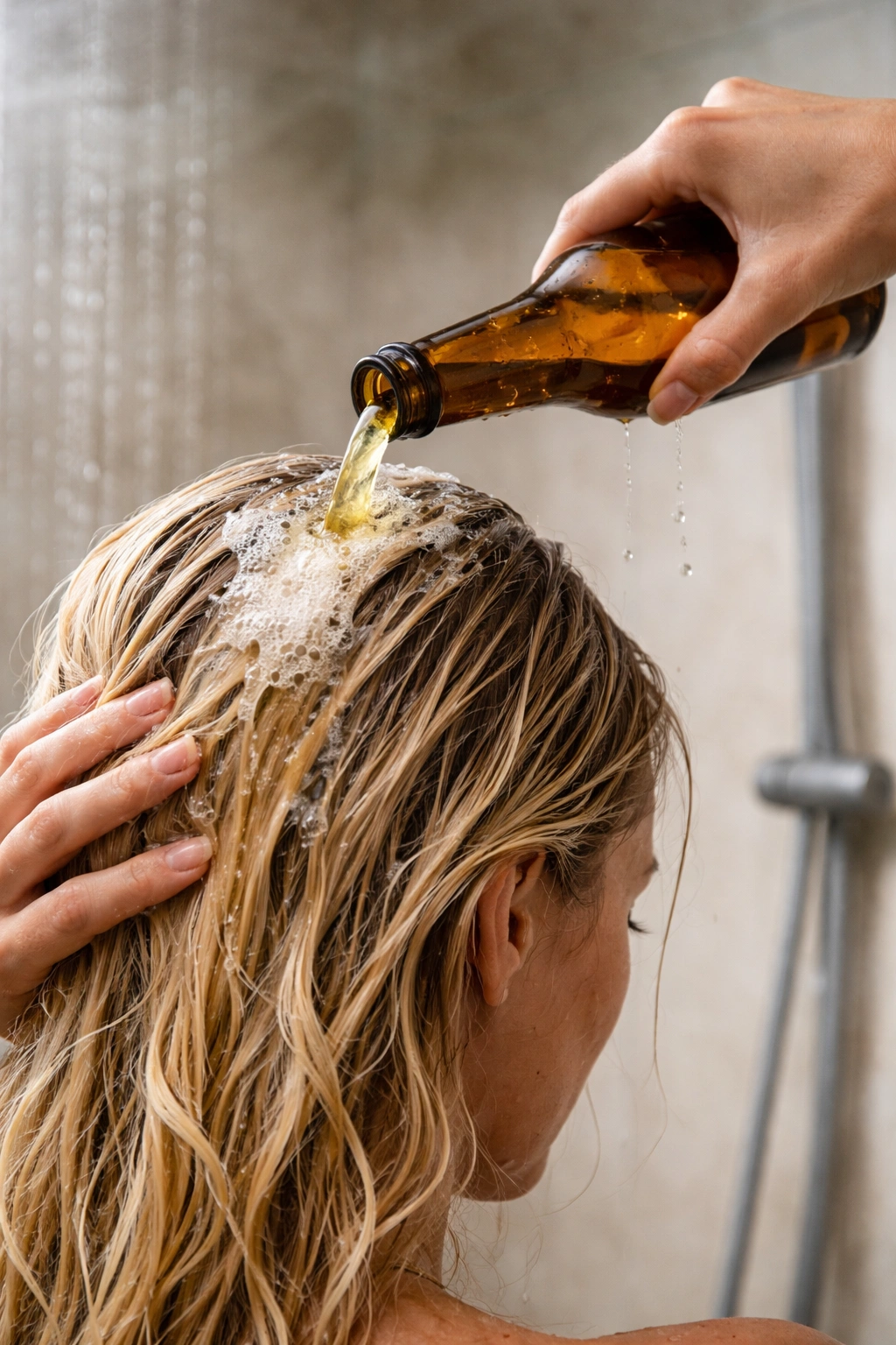 Hand pouring flat beer onto damp hair in shower