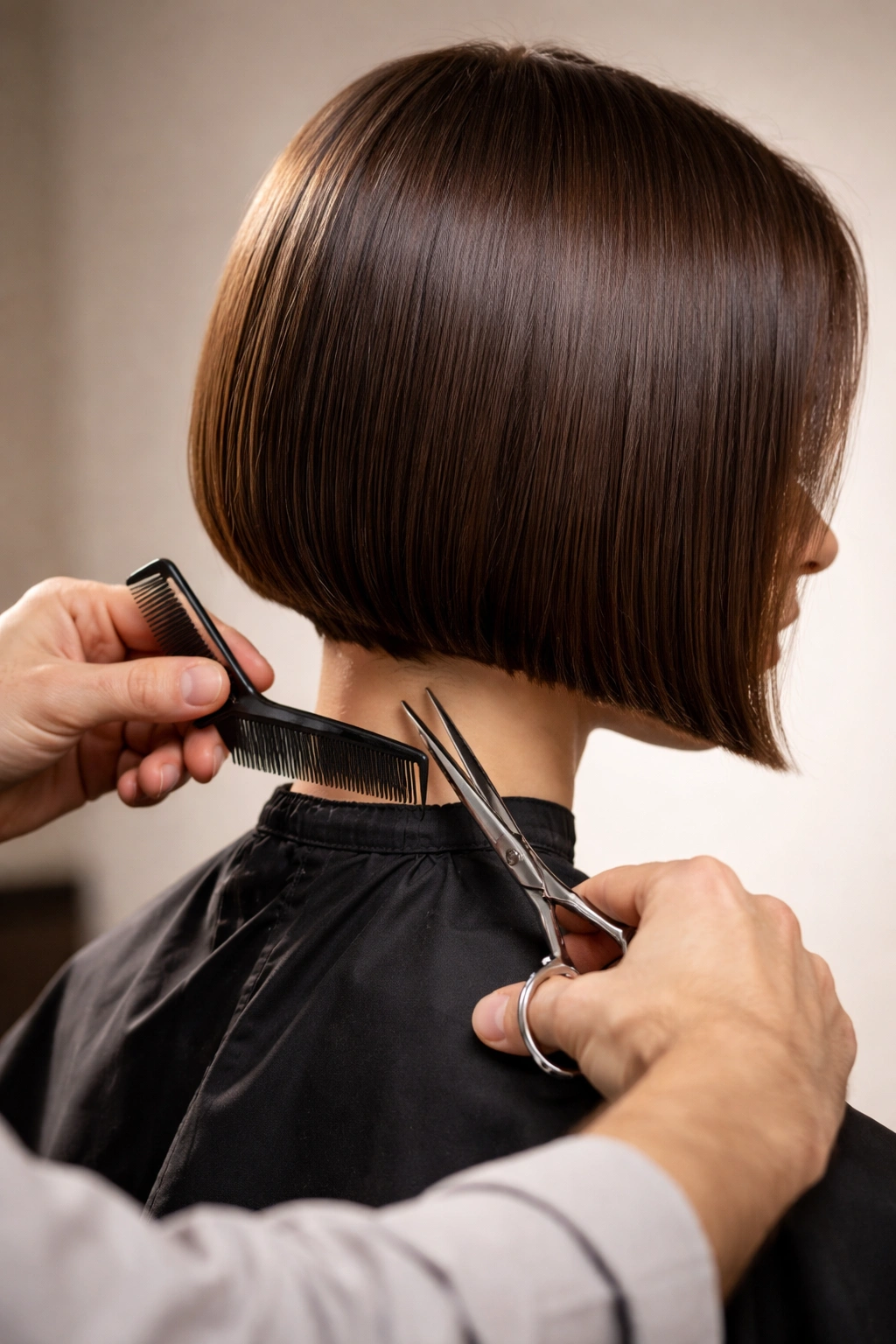 Barber trims a chin-length bob on a client in a neutral studio