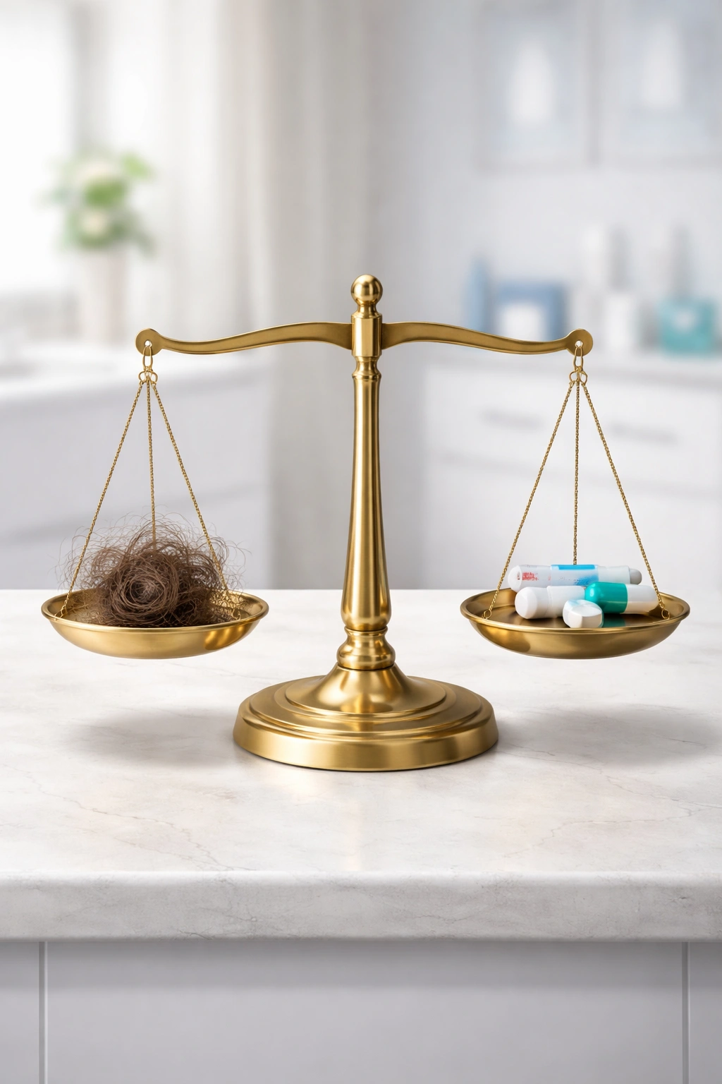 Balance scale with hair strand vs pill icon illustrating benefits vs side effects