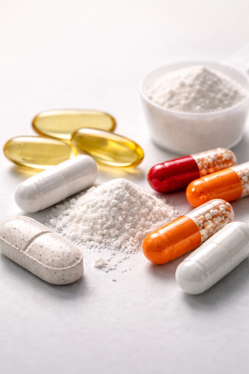Close-up of assorted capsules and powder representing other pre-workout ingredients