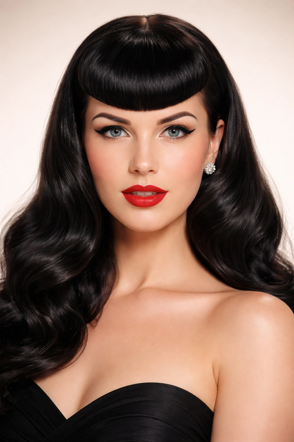 Blunt Bettie Page style bangs with long hair framing face