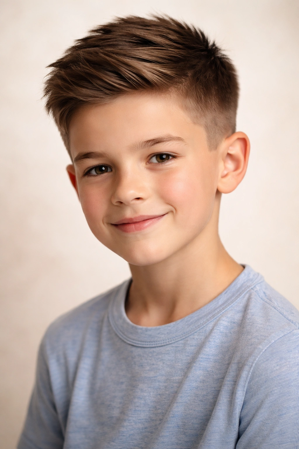 Boy with neatly trimmed neckline and clean, maintained hairstyle between cuts.