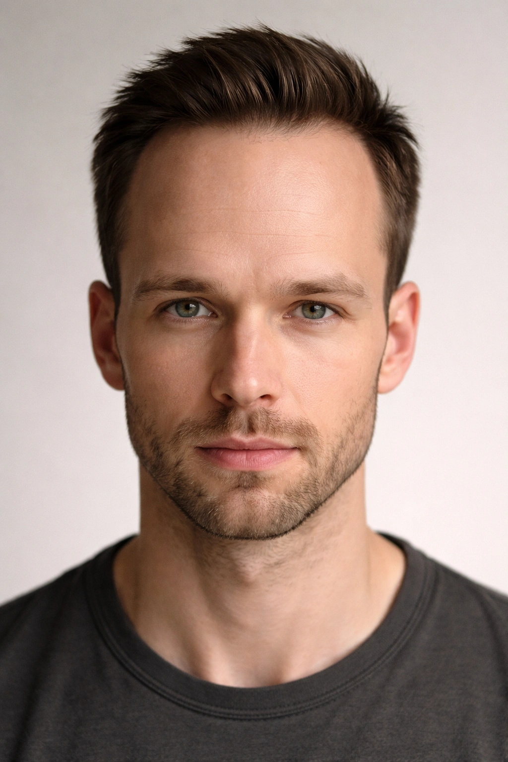 Close-up portrait highlighting a tall forehead and high hairline