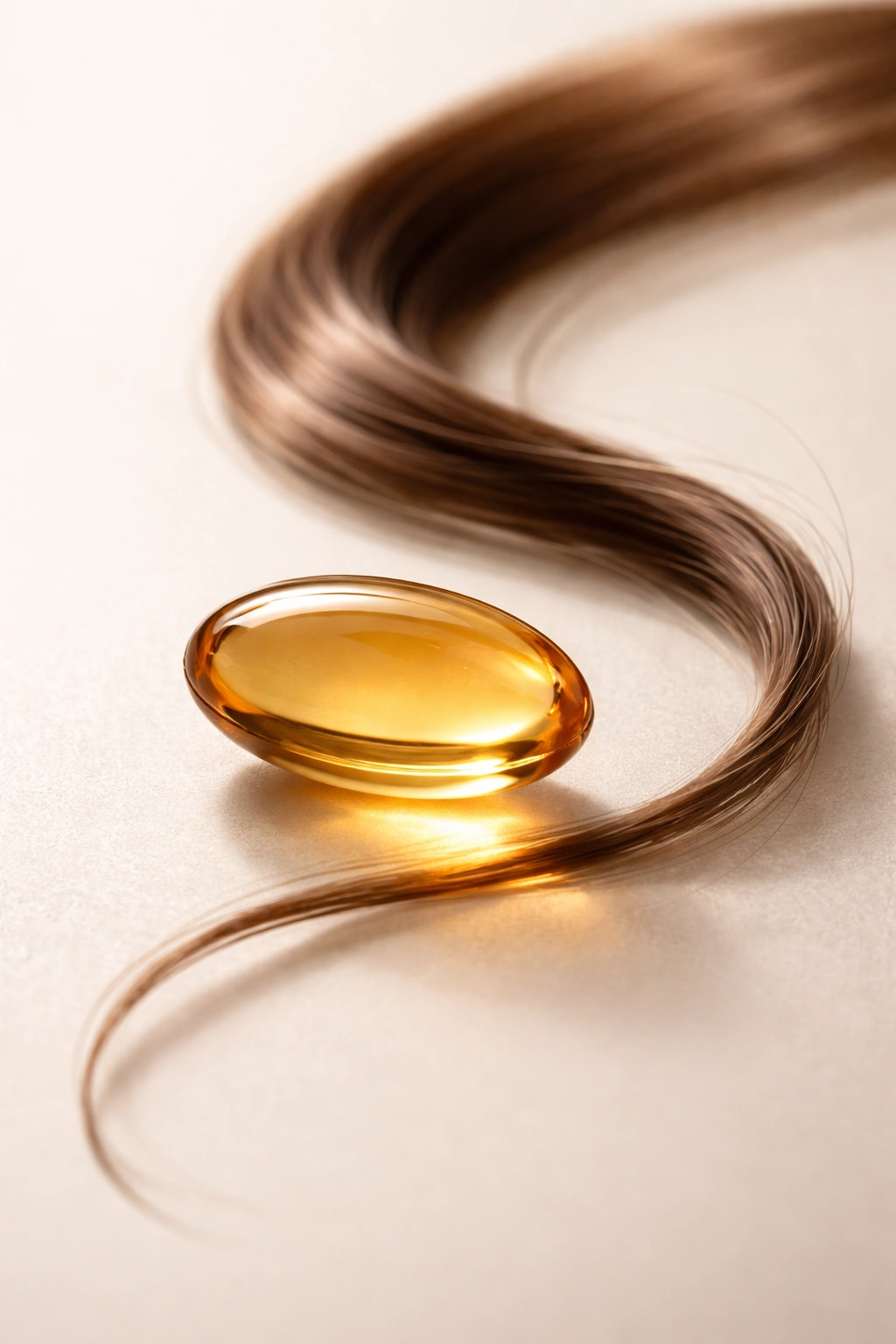 Macro image of a biotin capsule with a hair strand nearby on neutral background