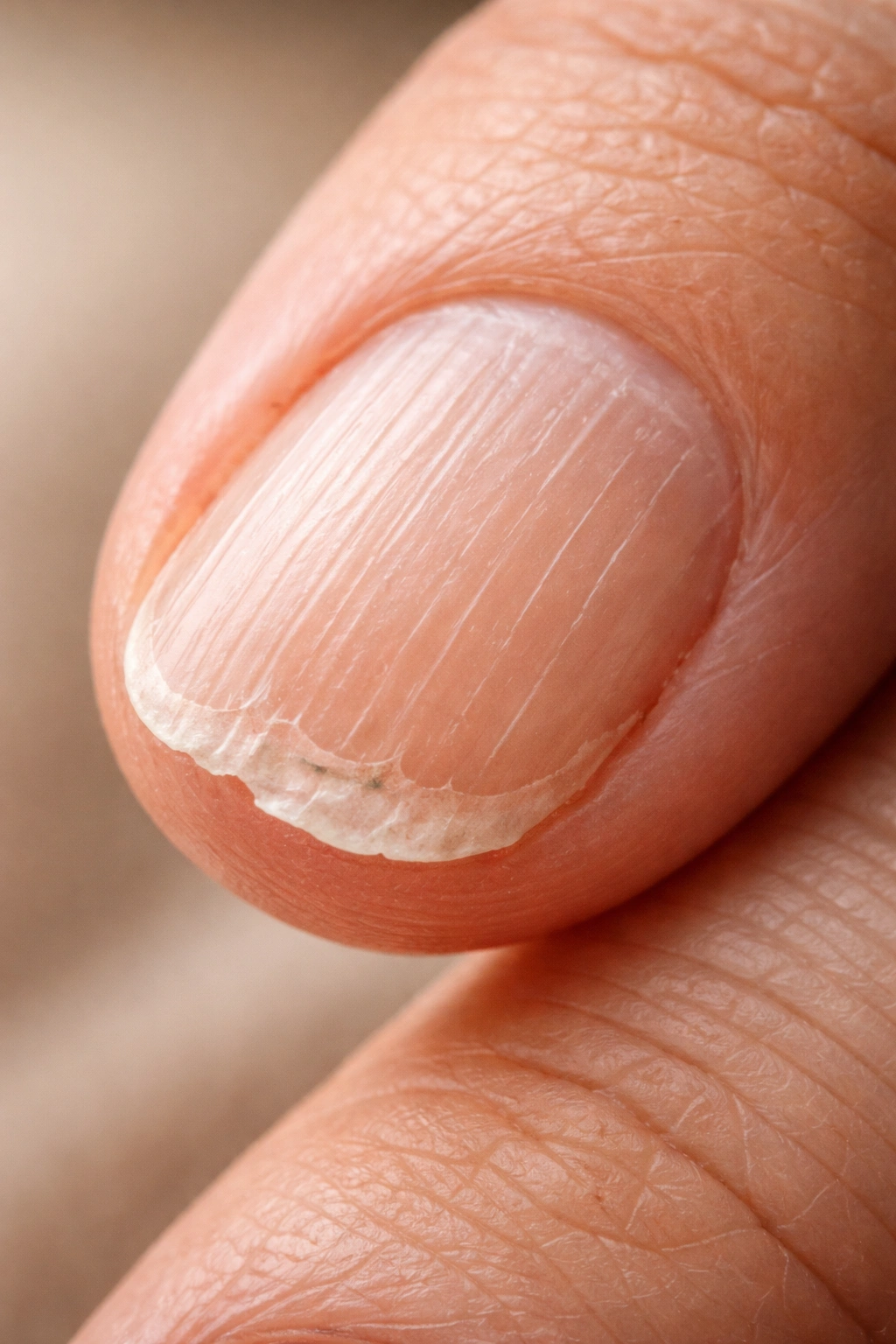 Brittle fingernail indicating biotin deficiency
