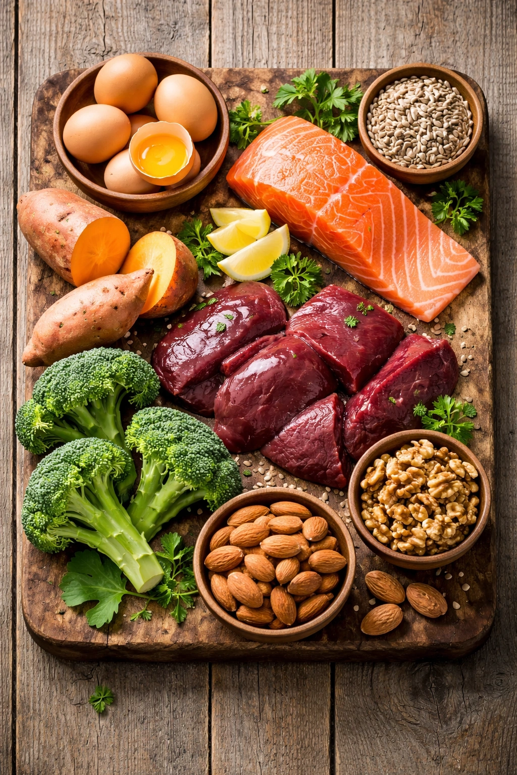 Assortment of biotin-rich foods including eggs, liver, fish, nuts and vegetables on a wooden board