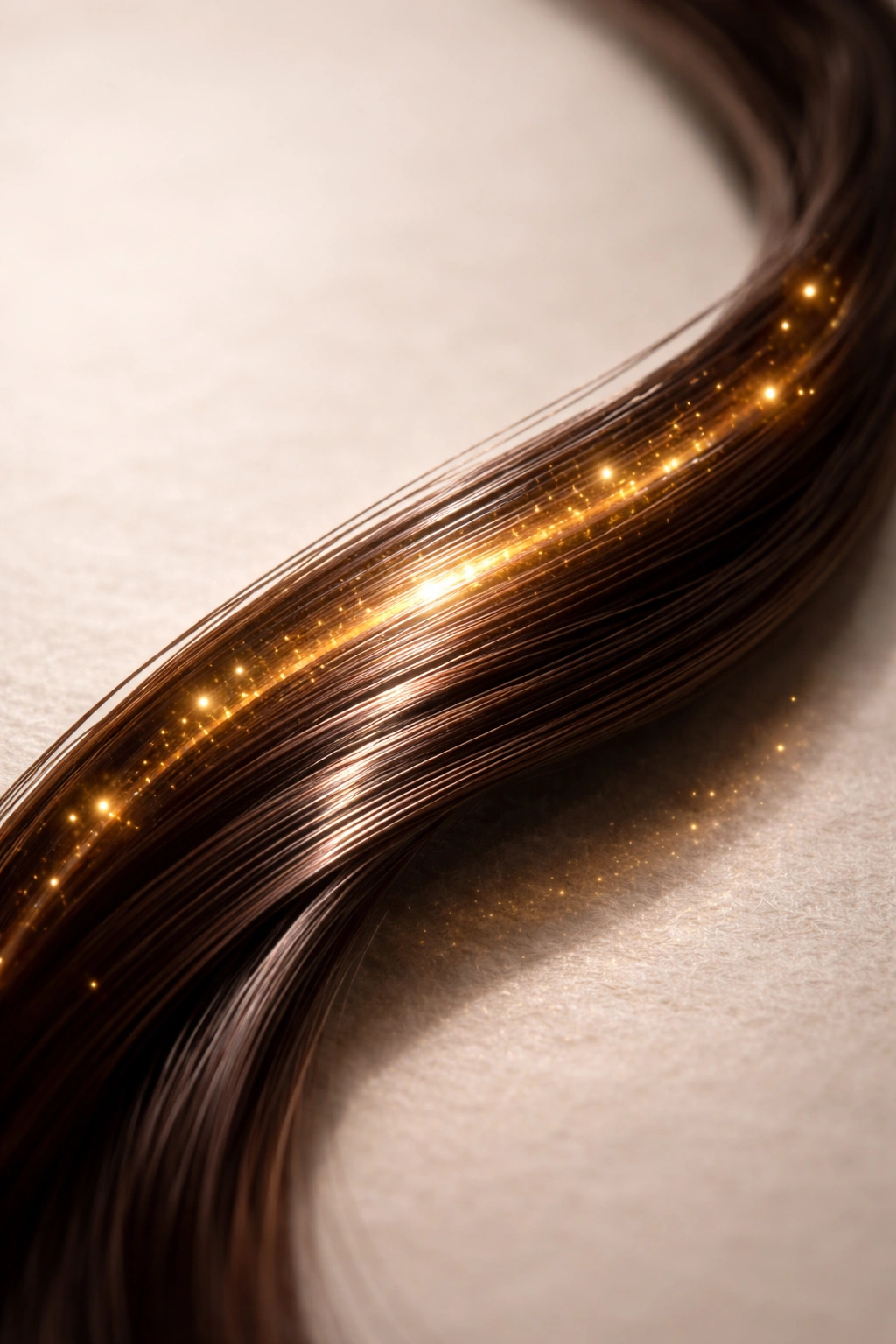 Glossy hair strand macro shot suggesting biotin support for hair health