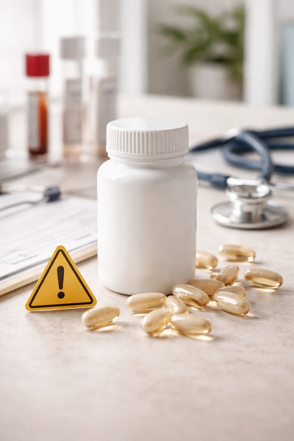 Pill bottle in a clinical setting conveying safety and mild side effects