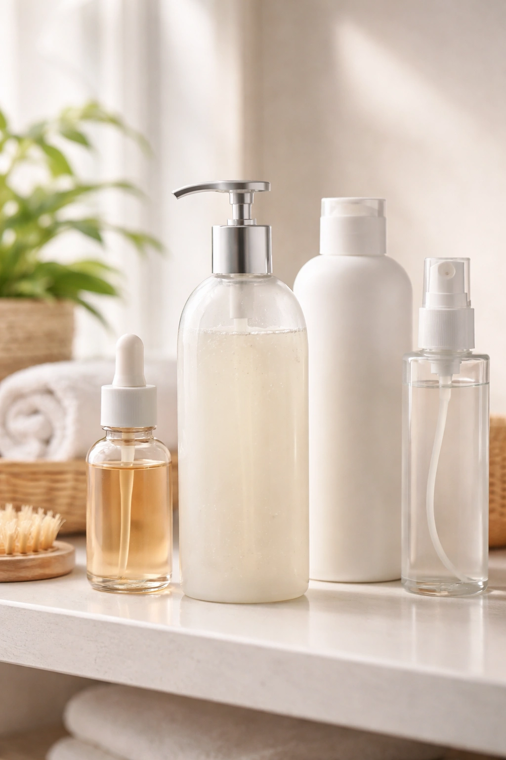 Unlabeled hair care bottles suggesting biotin-containing shampoo products