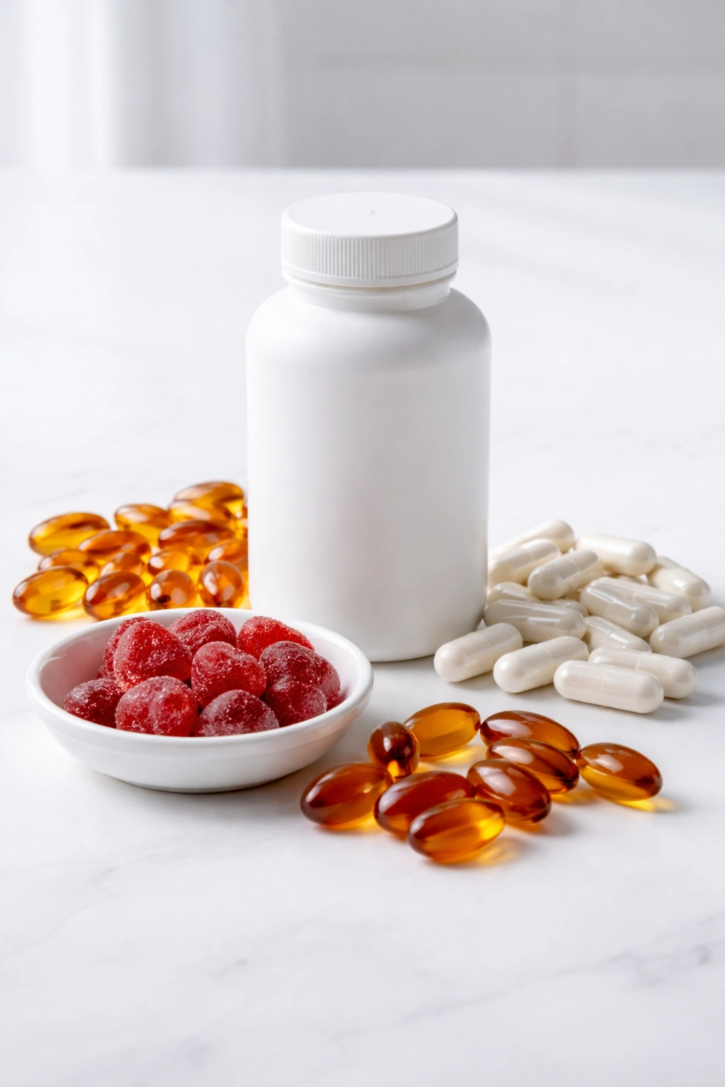 Unlabeled biotin supplement forms including capsules, softgels, and gummies