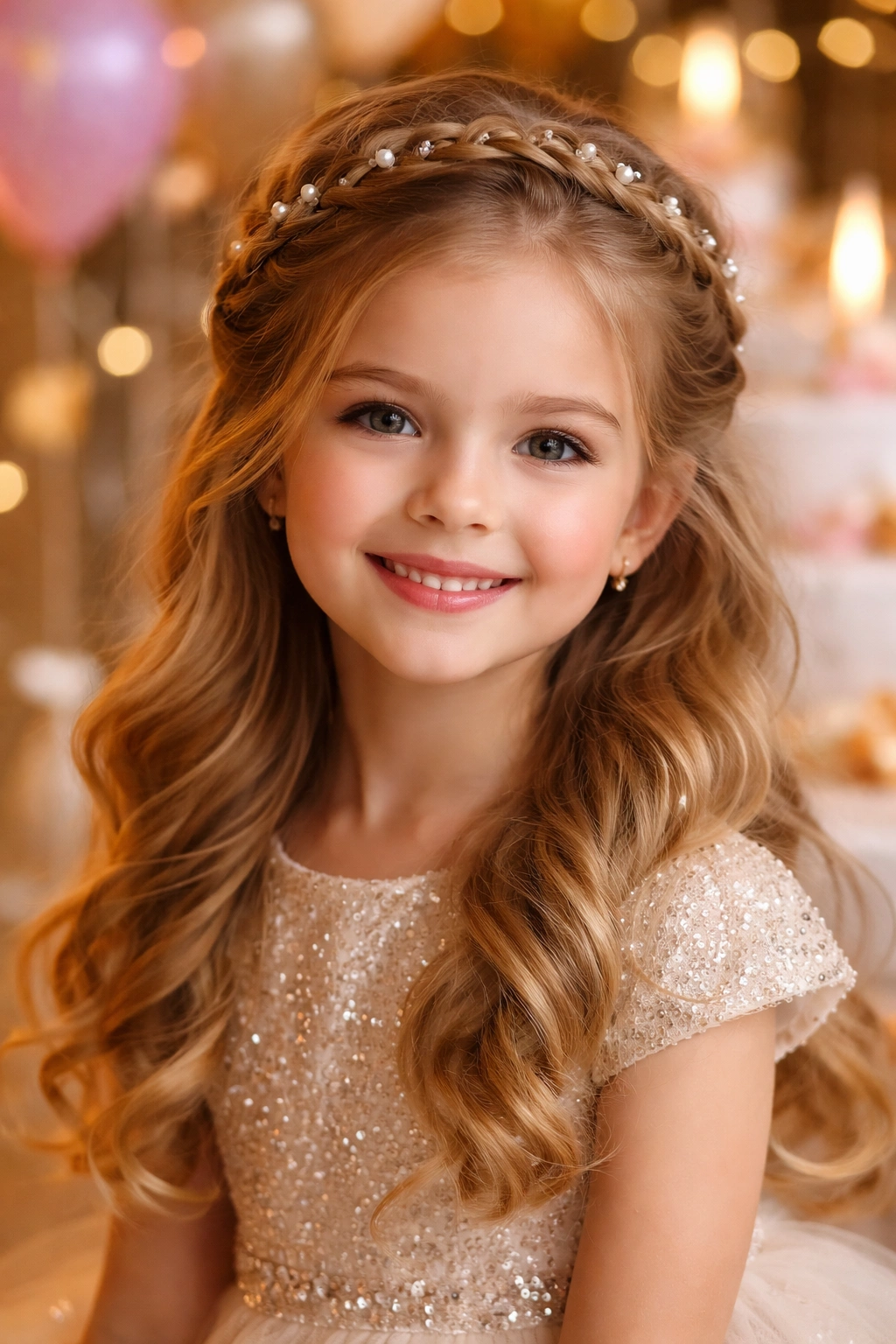 Young girl with elegant birthday hairstyle featuring crown-like braid