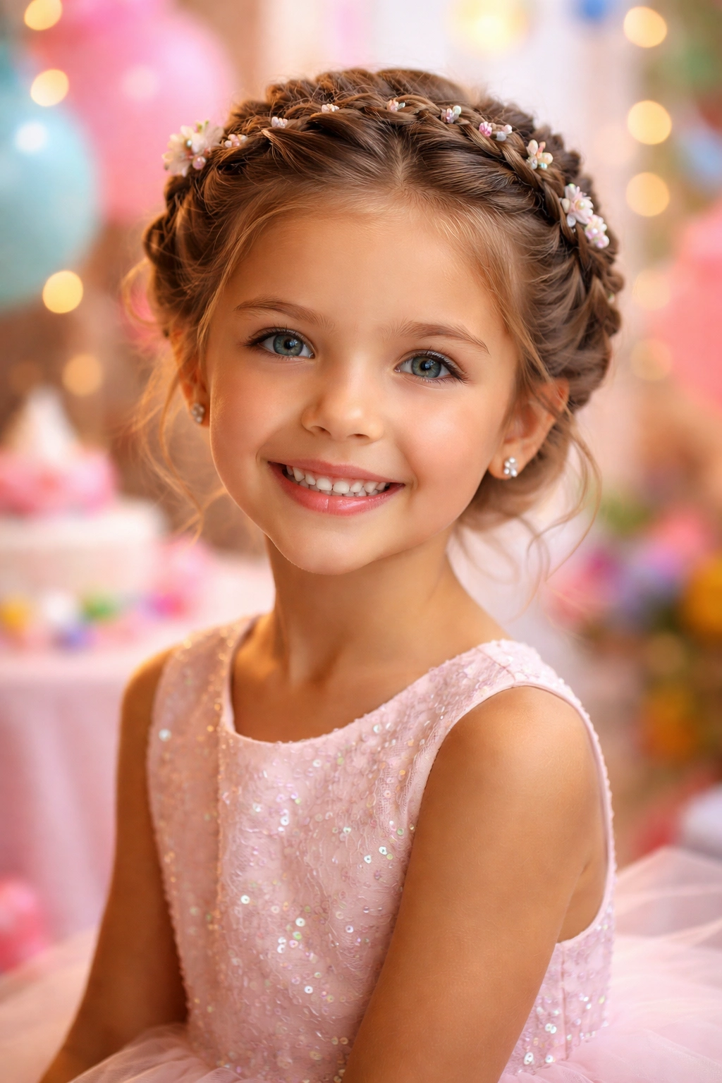 Smiling child with an elegant birthday hairstyle in warm light