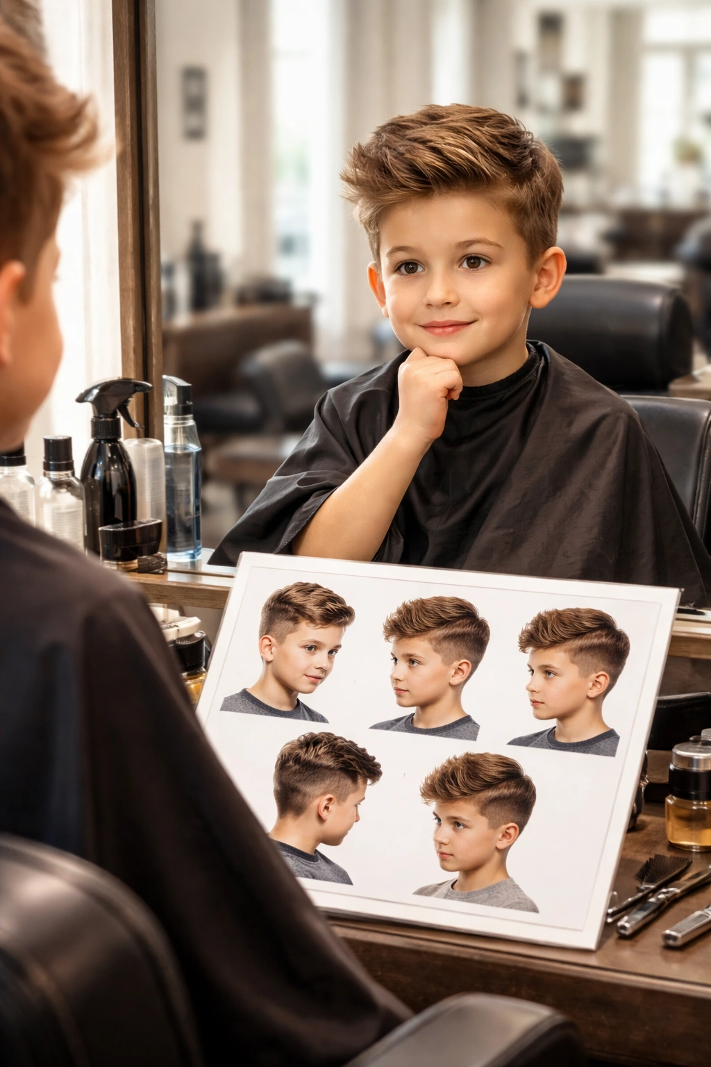 Boy in barber chair considering hairstyle options.