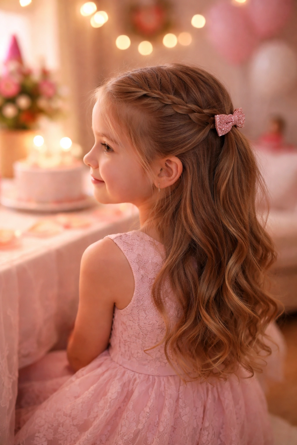 Young girl with simple birthday hairstyle in a cozy home setting